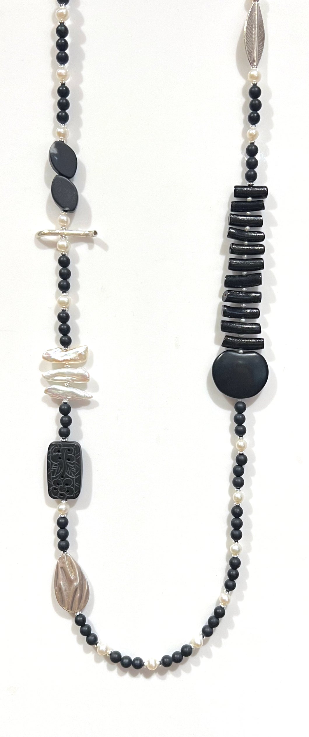 Australian Handmade Black Necklace with Matt Black Jade Agate Obsidian Pearls and Sterling Silver