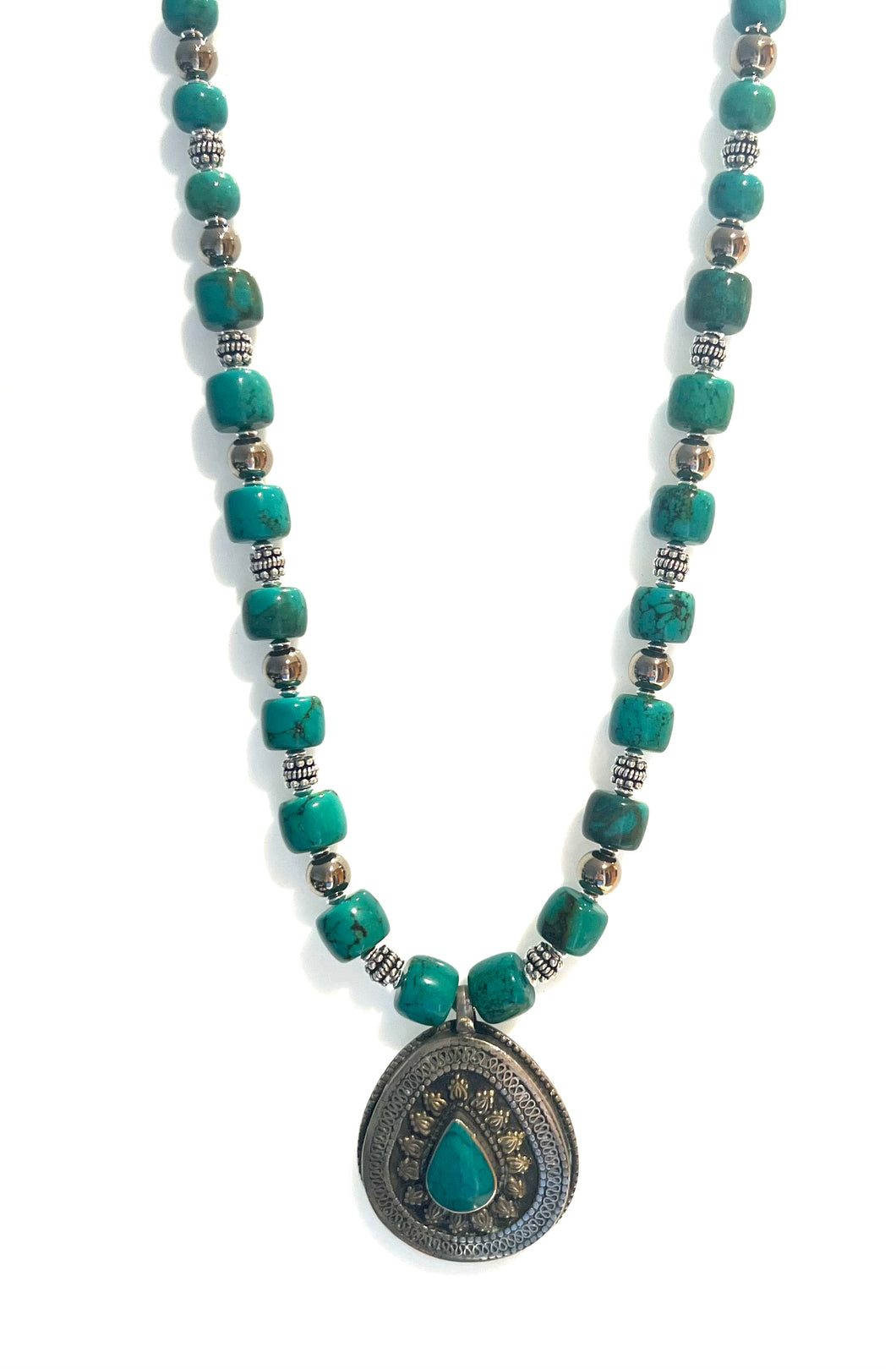 Australian Handmade Turquoise Colour Necklace with Howlite Pyrite Nepalese Pendant inlaid with Turquoise and Sterling Silver