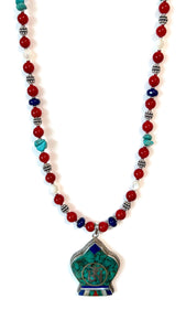 Australian Handmade Red Necklace with Lapis Lazuli Turquoise Mother of Pearl and Inlaid Pendant