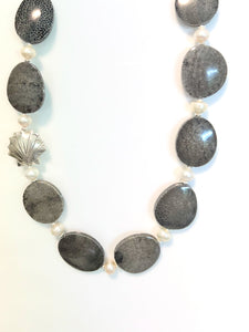 Australian Handmade Grey Necklace with Bryozoan Coral White Pearls and Sterling Silver