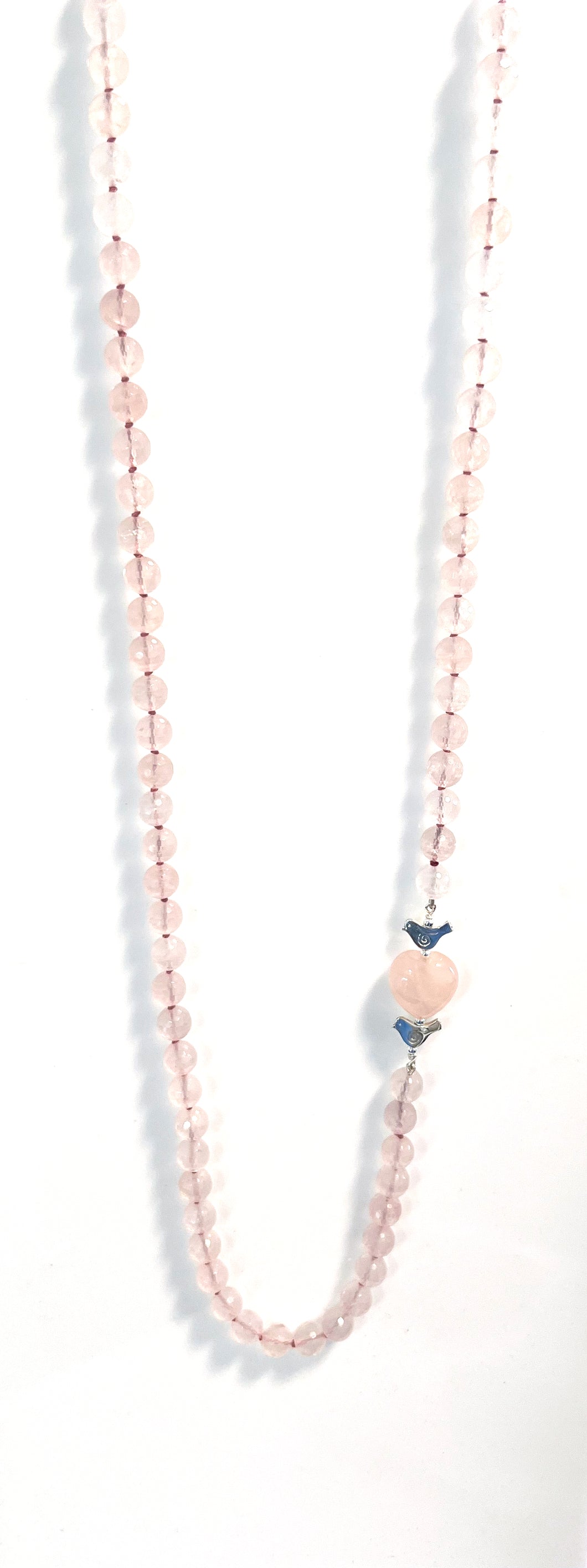 Australian Handmade Pink Necklace with Facetted Rose Quartz Rose Quartz Heart and Sterling Silver Birds