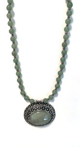 Australian Handmade Green Necklace with Aventurine Beads and Sterling Silver Afghani Pendant inlaid with Jade