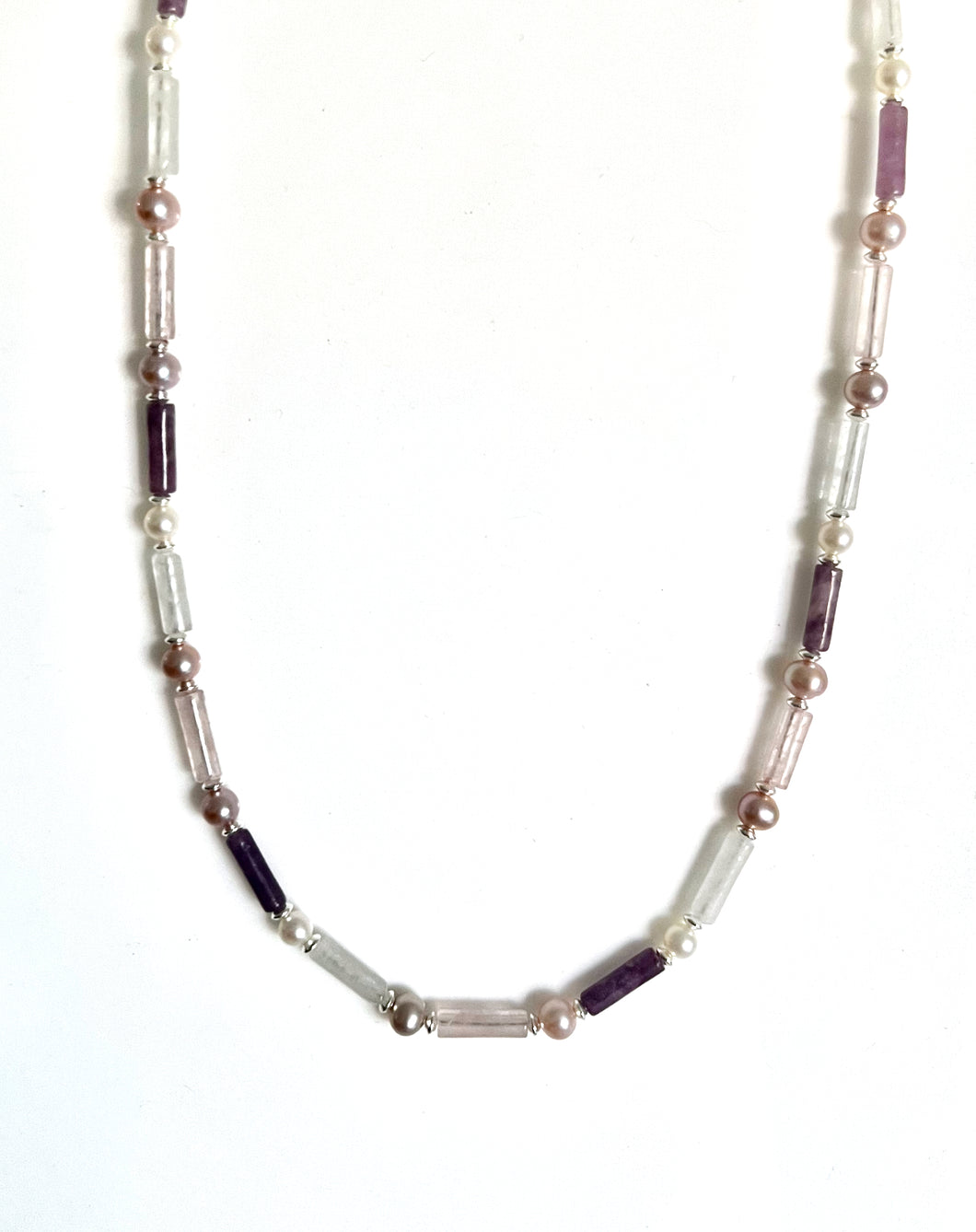 Australian Handmade Pink Necklace with Rose Quartz Crystal Quartz Lepidolite Pearls and Sterling Silver