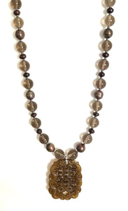 Australian Handmade Brown Necklace with Smoky Quartz Pearls Jade Pendant and Sterling Silver