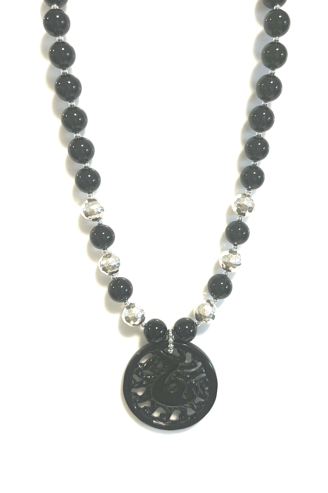Australian Handmade Black Necklace with Black Onyx Beads Carved Onyx Pendant and Sterling Silver