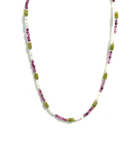 Australian Handmade Pink Necklace with Red Ruby Zoisite Serpentine Jade Mother of Pearl and Sterling Silver