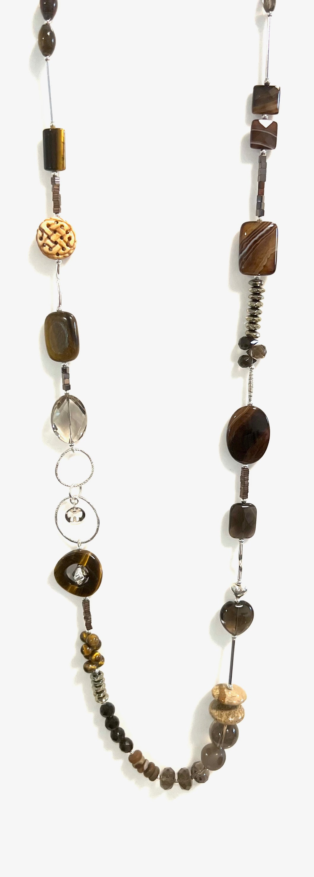 Australian Handmade Brown Necklace with Smoky Quartz Pyrite Jasper Sterling Silver