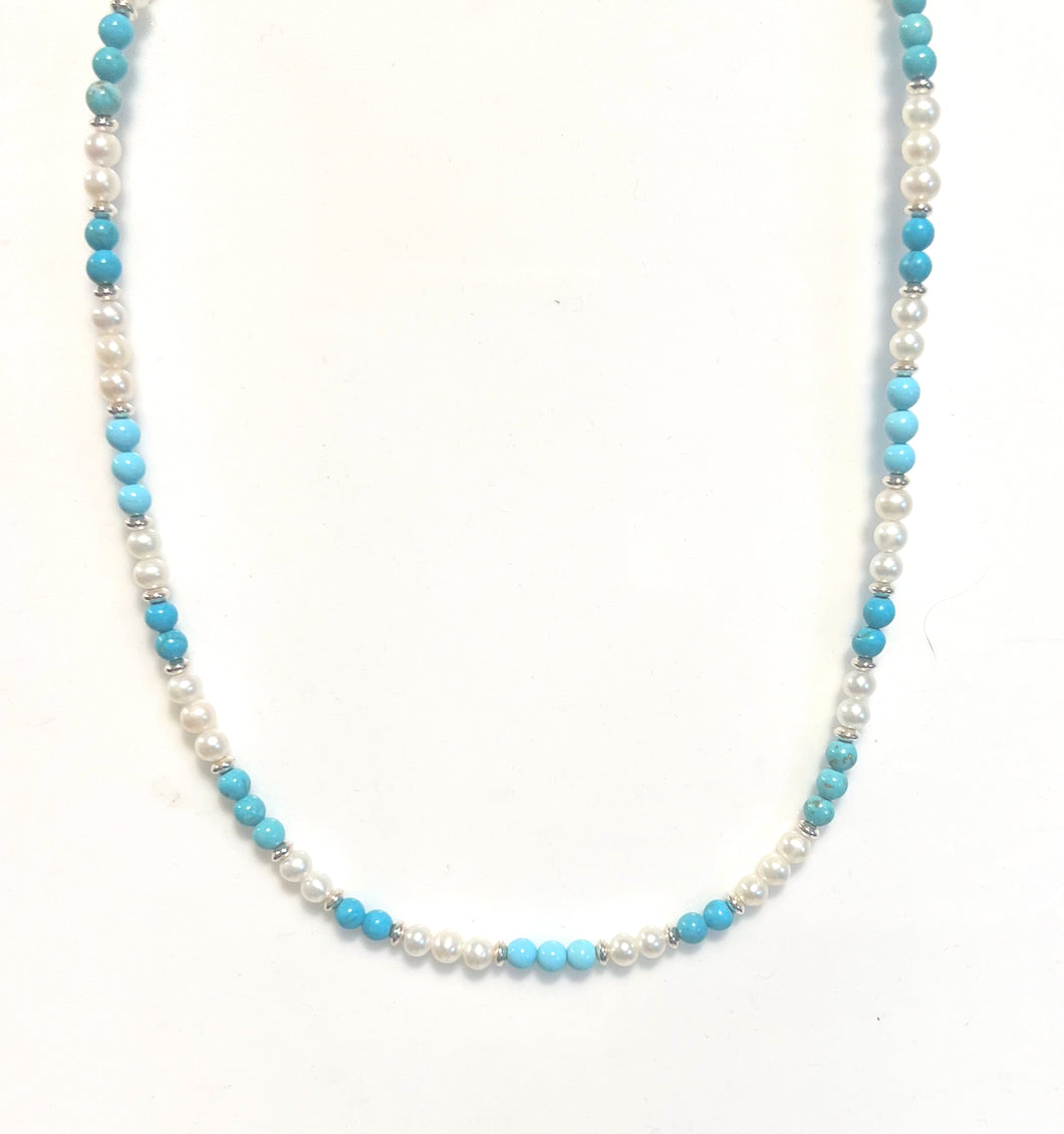 Australian Handmade Turquoise Colour Necklace with Howlite Pearls and Sterling Silver