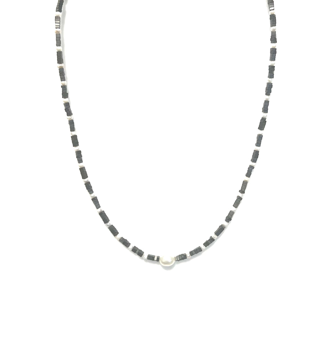 Australian Handmade Grey Necklace with Matt Hematite Cube Beads and Pearls