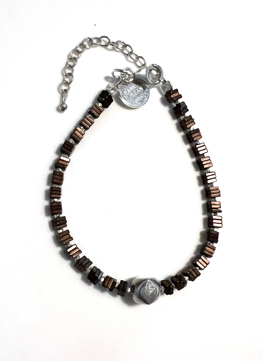 Brown Bracelet with Square Pyrite Beads and Sterling Silver