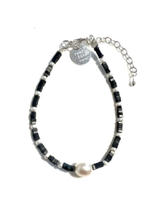 Grey Bracelet with Matt Hematite Square Beads Pearls and Sterling Silver