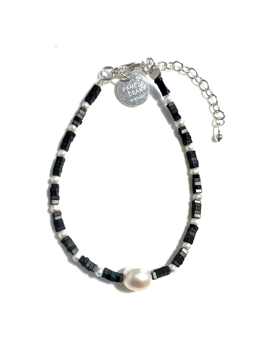 Grey Bracelet with Matt Hematite Square Beads Pearls and Sterling Silver