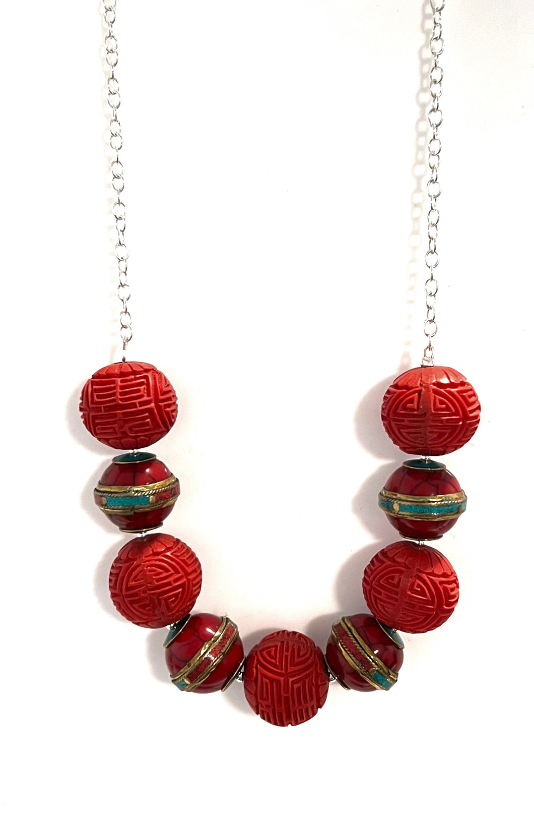 Australian Handmade Red Necklace with Cinnabar Inlaid Tibetan Beads and Sterling Silver Chain