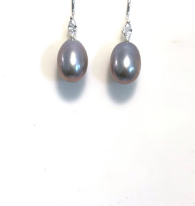 Freshwater Light Grey Pearl Earrings with Cubic Zirconia Hooks