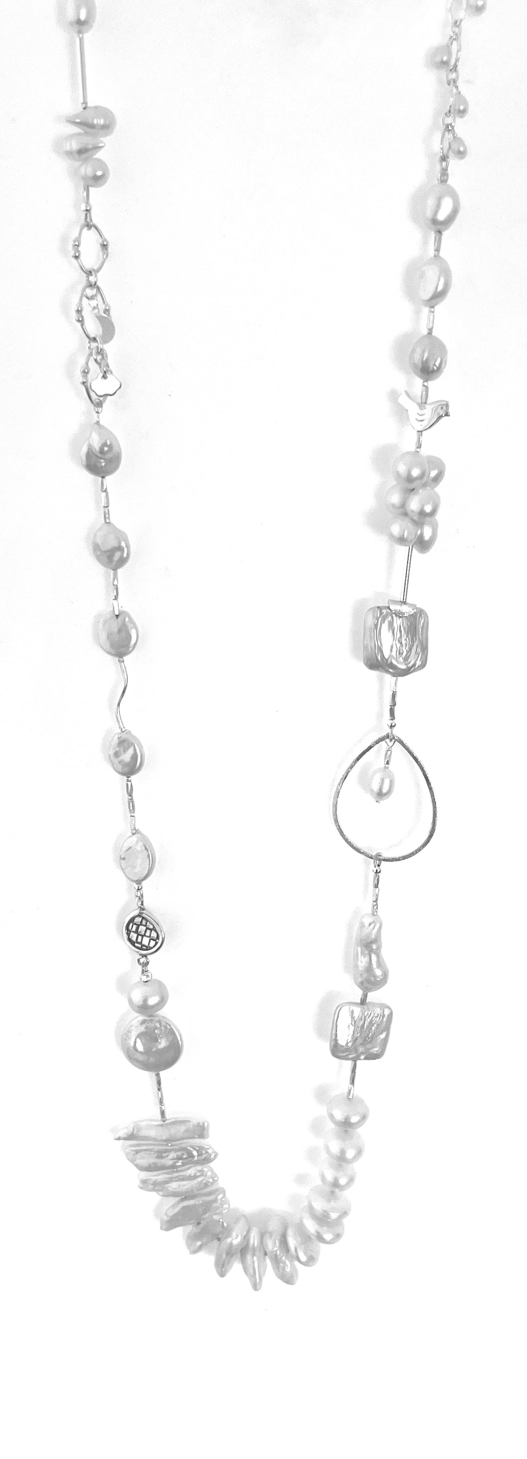 Australian Handmade White Pearl Necklace with Various Shape Pearls and Sterling Silver