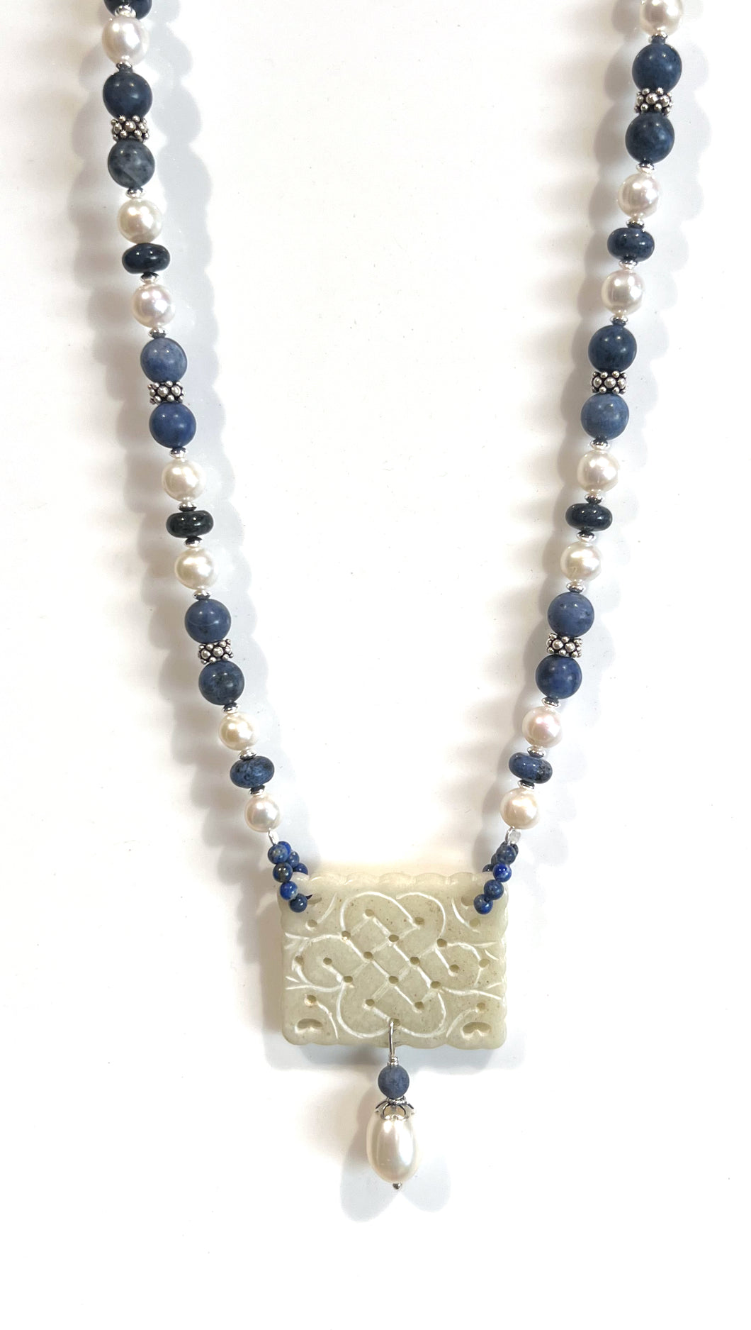 Australian Handmade Blue Necklace with Pearls Dumortierite Jade Centrepiece and Sterling Silver