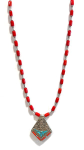 Australian Handmade Red Necklace with Coral Inlaid Nepalese Pendant and Sterling Silver