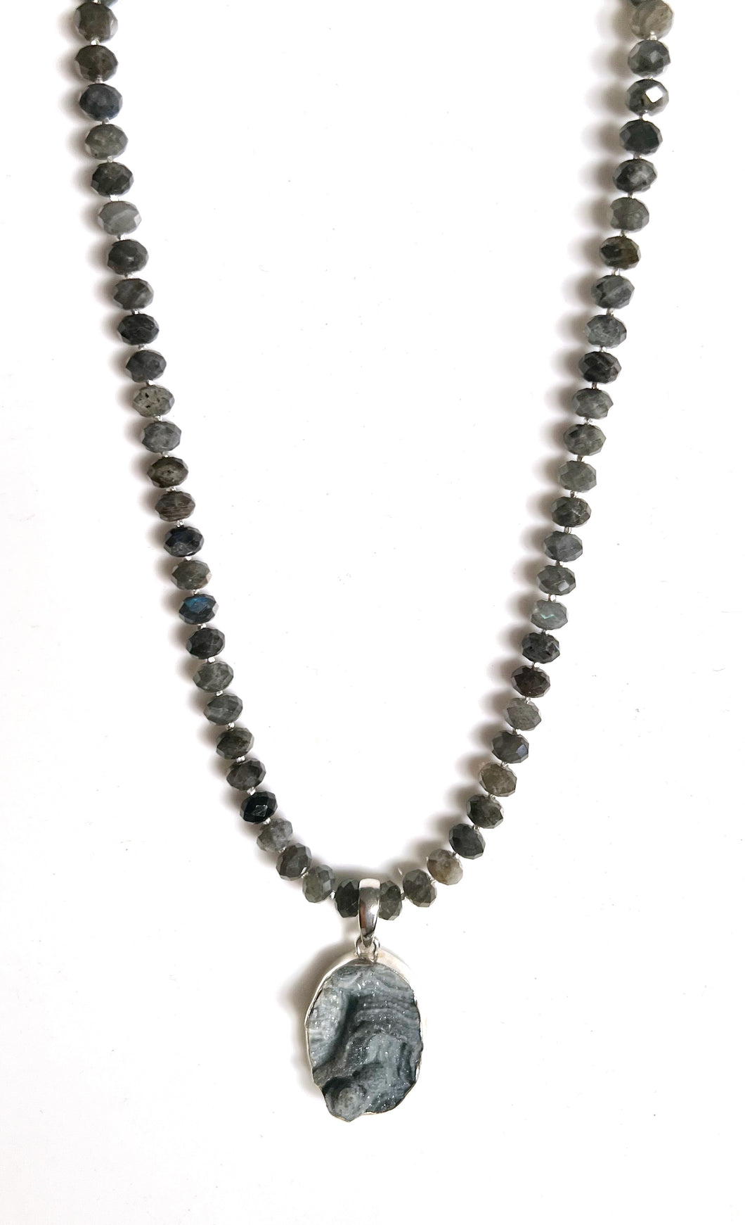 Australian Handmade Grey Necklace with Labradorite and Desert Druzy Pendant set in Sterling Silver