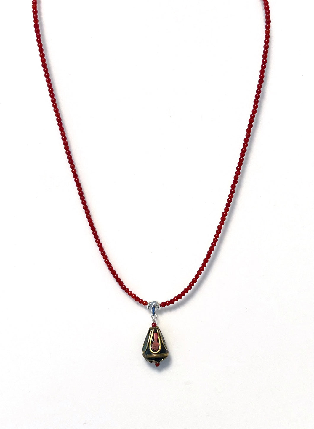 Australian Handmade Red Necklace with Coral Nepalese Bead Teardrop Pendant and Sterling Silver