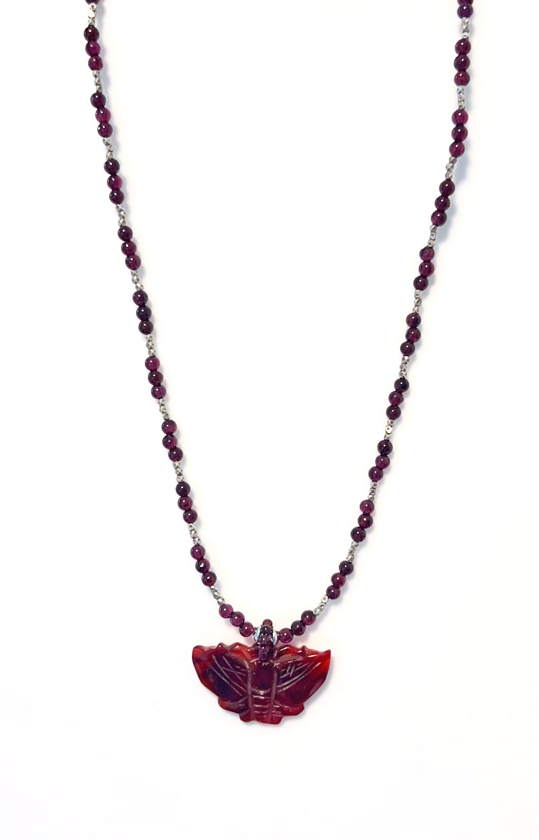 Australian Handmade Red Necklace with Jade Butterfly Garnet Beads and Sterling Silver