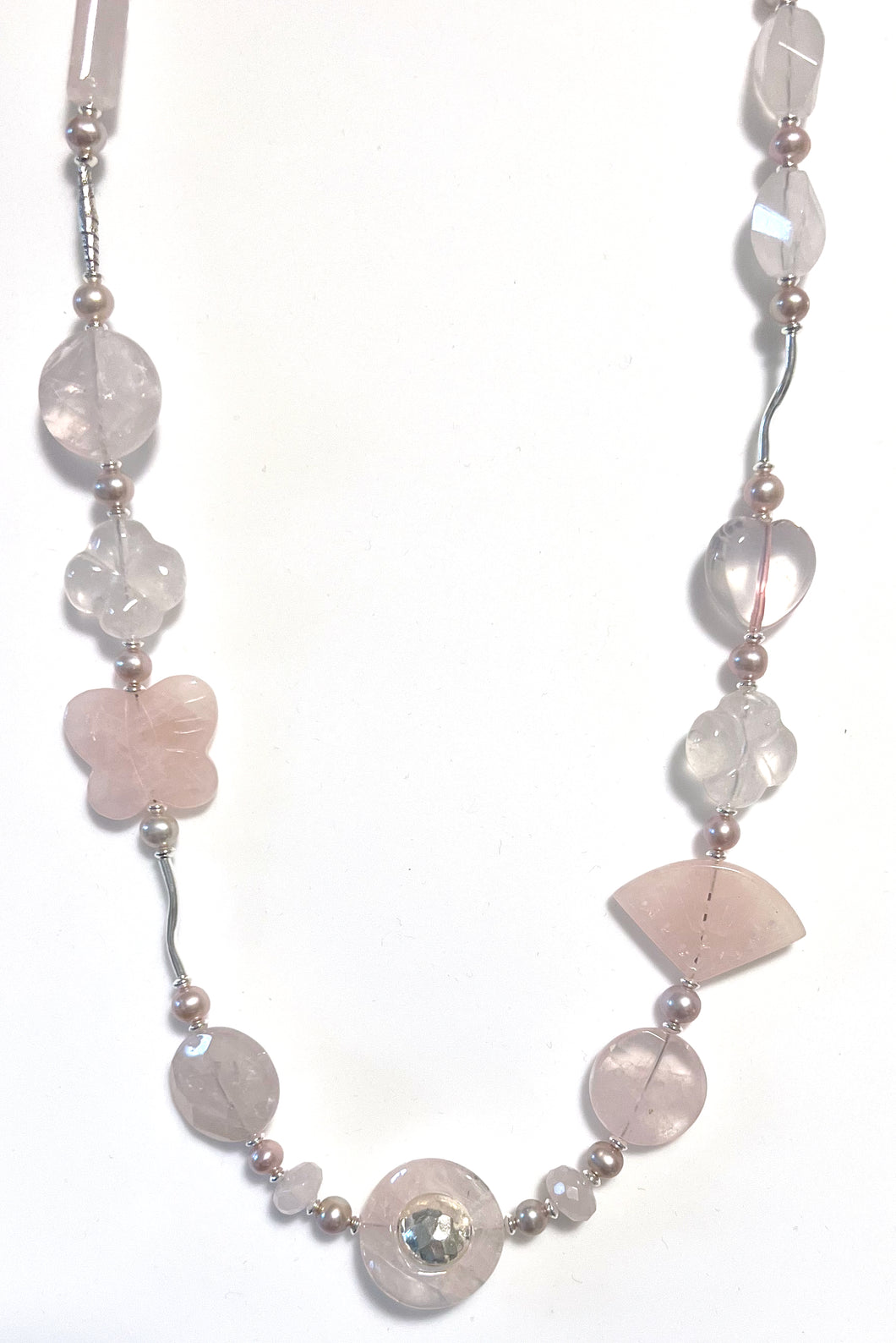 Australian Handmade Pink Necklace with Rose Quartz Natural Colour Pink Pearls and Sterling Silver