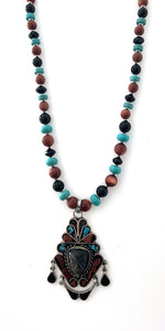 Australian Handmade Turquoise Colour Necklace with Howlite Goldstone Onyx Vintage Mexican Pendant and Sterling Silver