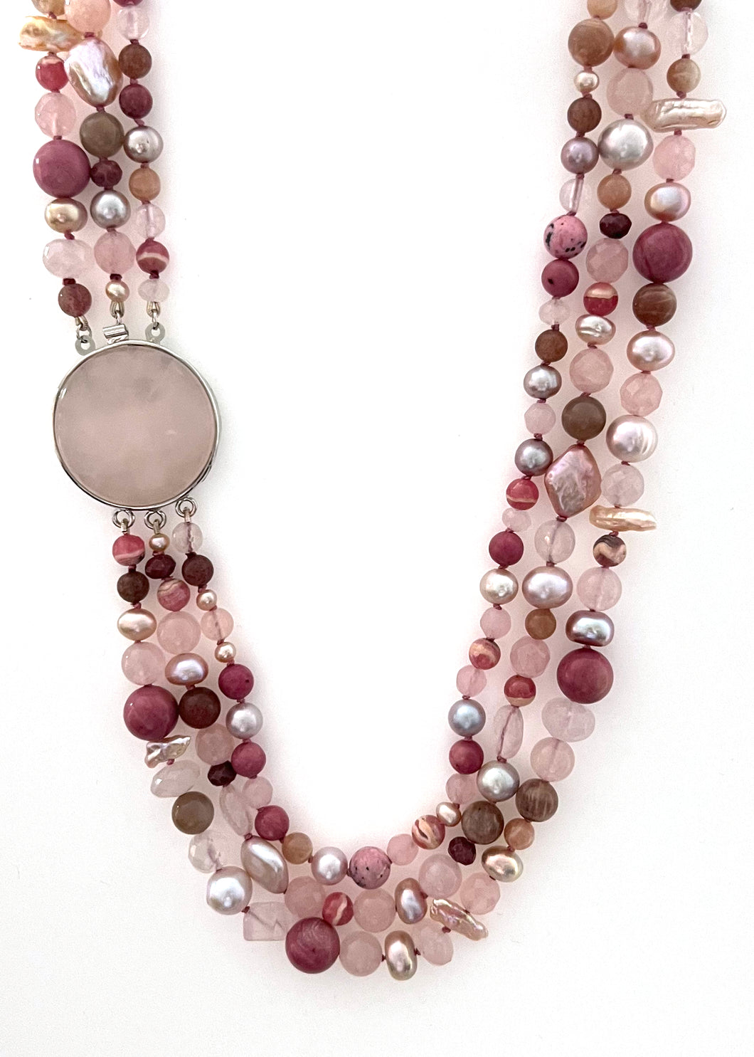 Australian Handmade Pink Triple Strand Necklace with Rose Quartz Rhodonite Rhodochrosite Pearls and Rose Quartz Clasp