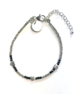 Grey Bracelet with Hematite Labradorite and Sterling Silver Hearts