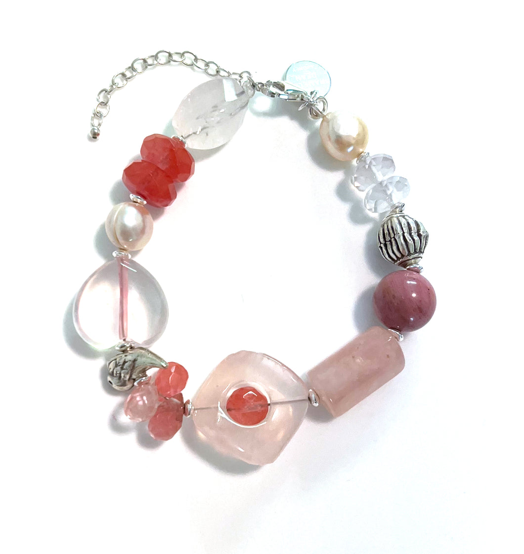 Pink Bracelet with Rose Quartz Strawberry Quartz Rhodonite Pearls and Sterling Silver