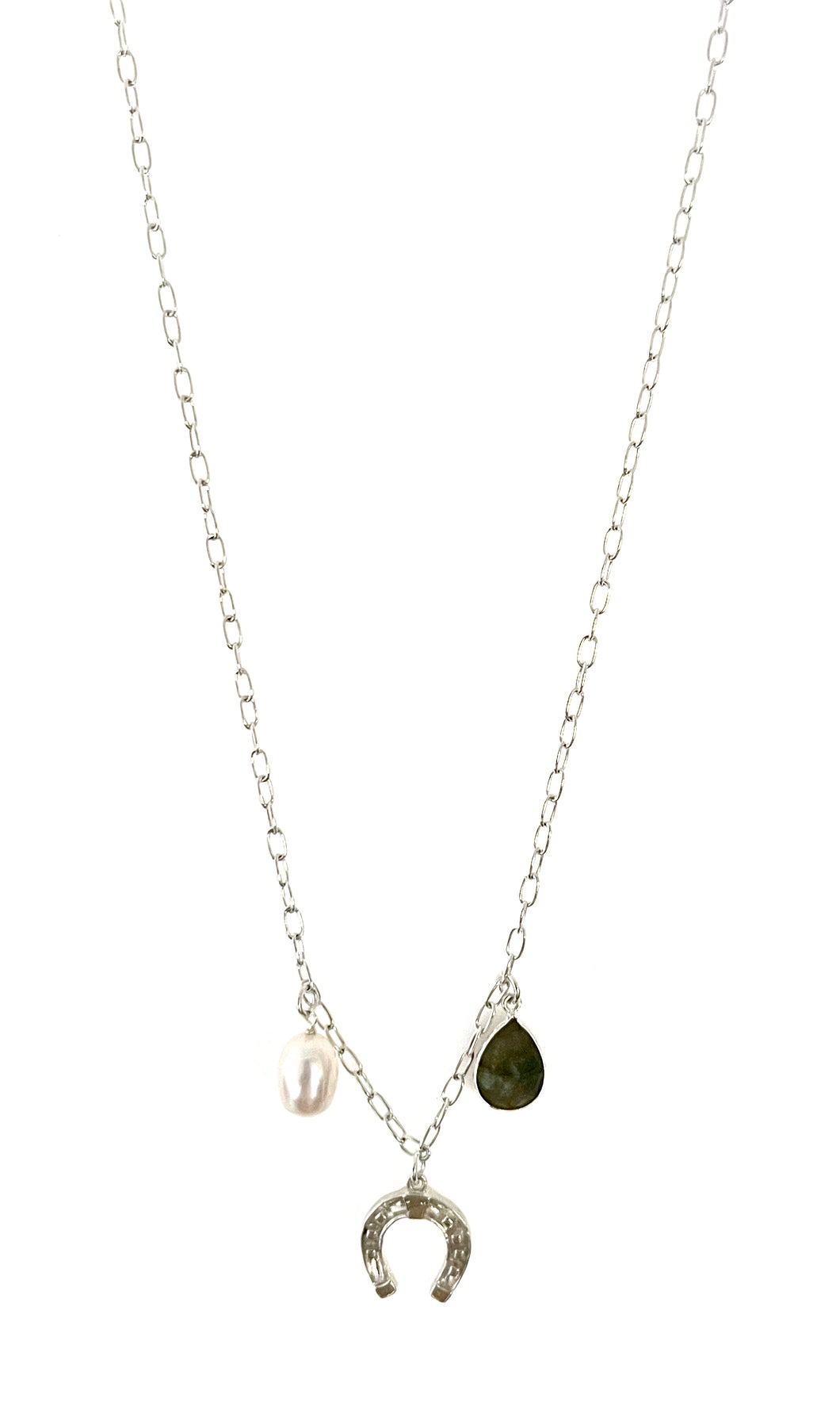 Sterling Silver Necklace with Labradorite Pearl and Sterling Silver Horseshoe