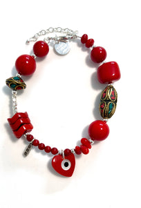 Red Coral Bracelet with Sterling Silver and  Nepalese Beads