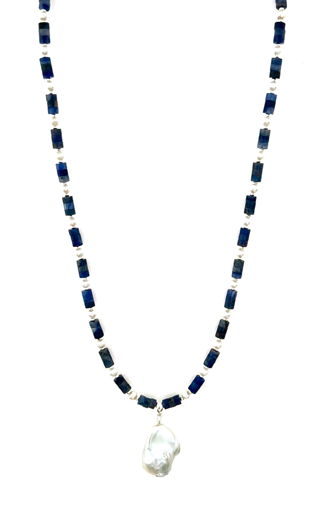 Australian Handmade Blue Necklace with Sodalite Heshi Beads Pearls Sterling Silver and Baroque Pearl Pendant