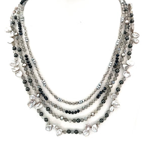 Australian Handmade Grey 4 Strand Necklace with Labradorite Hematite Pearls and Sterling Silver