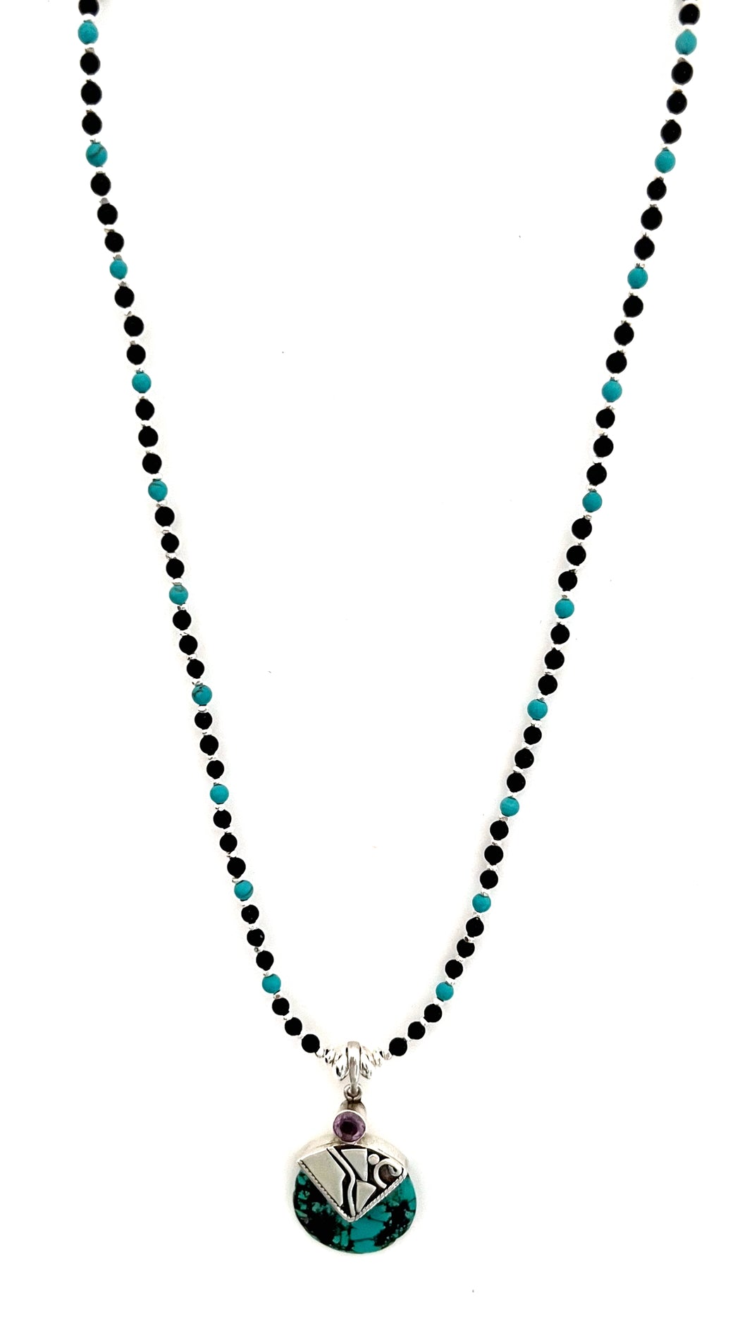 Australian Handmade Turquoise Necklace with Onyx Beads and Sterling Silver Turquoise Pendant with Amethyst