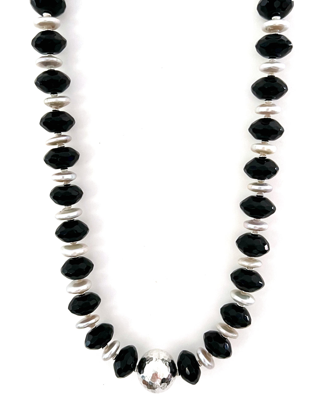 Australian Handmade Black Necklace with Facetted Onyx Pearls and Sterling Silver