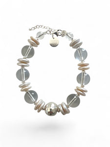 Clear Crystal Quartz Bracelet with Sterling Silver and Coin Pearls