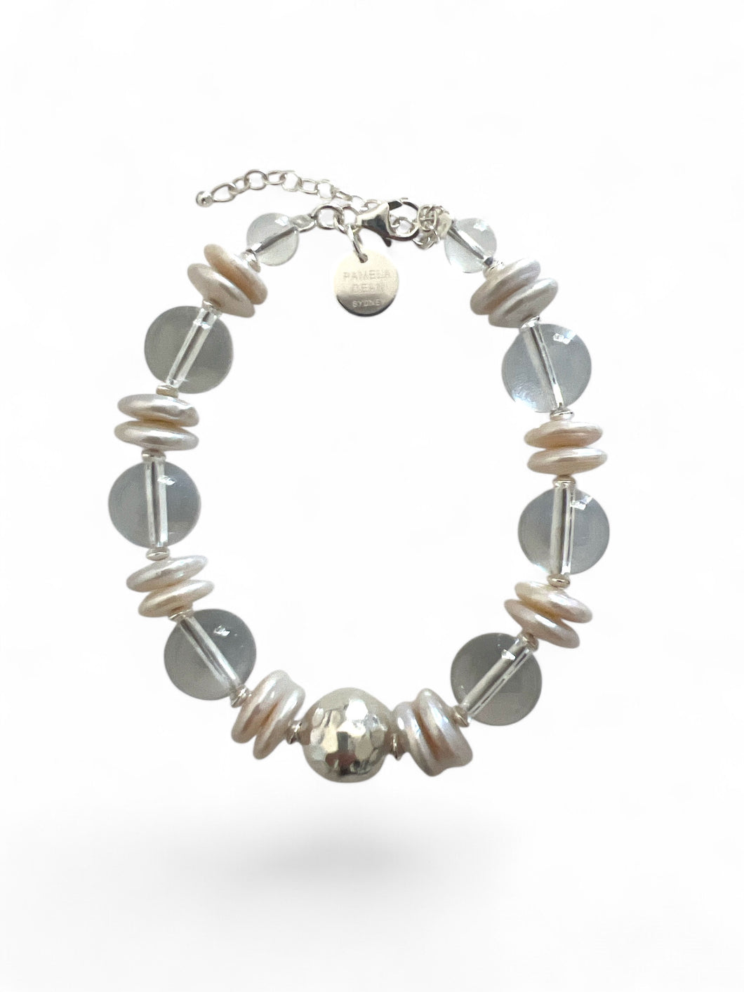 Clear Crystal Quartz Bracelet with Sterling Silver and Coin Pearls