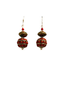 Red Earrings with Nepalese Bead Inlaid with Coral and Turquoise