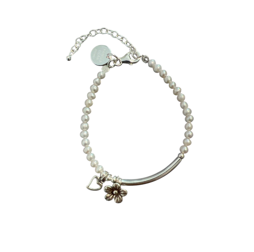 White Pearl Bracelet with Sterling Silver Flower and Heart