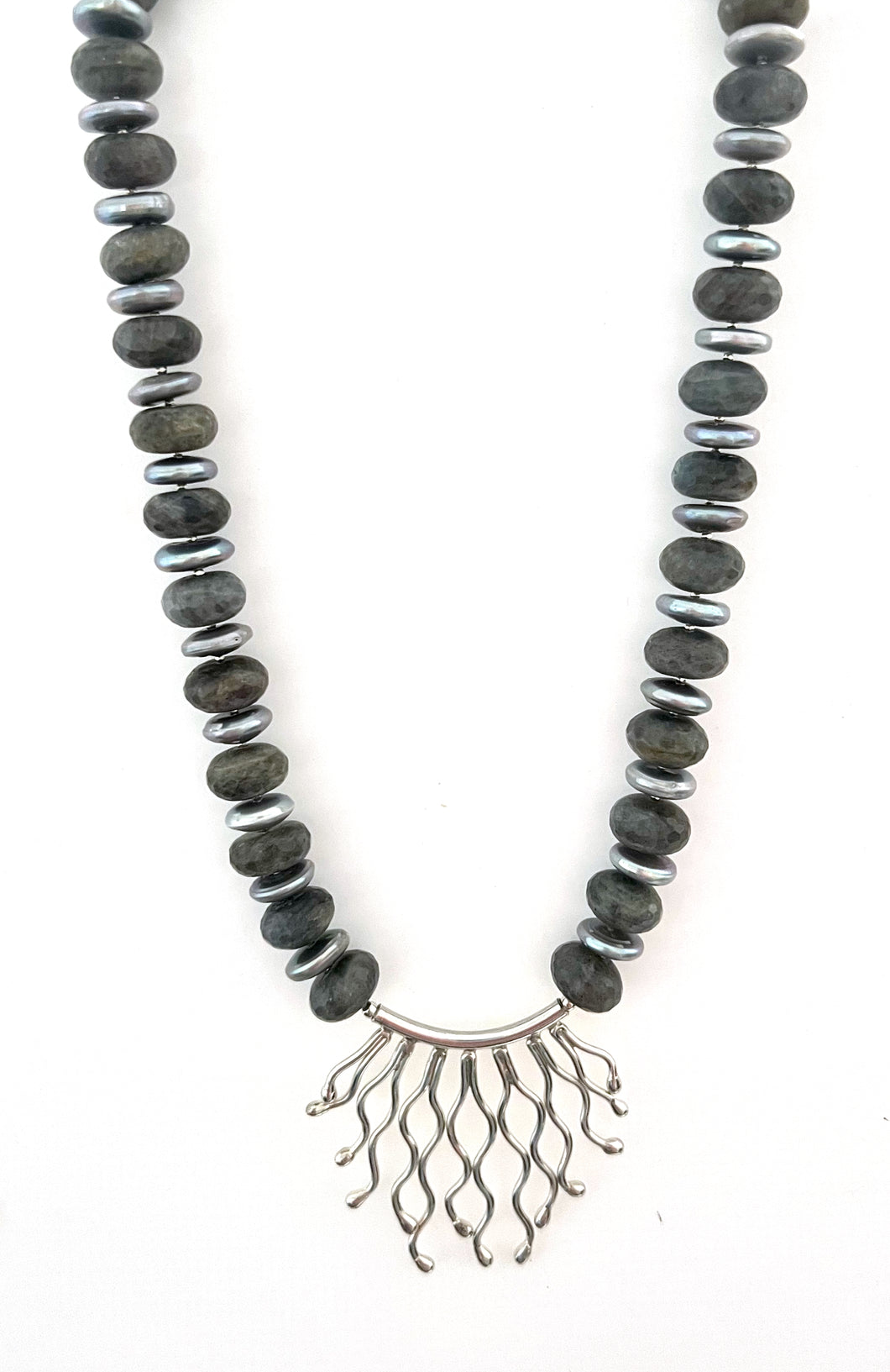 Australian Handmade Grey Necklace with Labradorite Coin Pearls and Sterling Silver Pendant