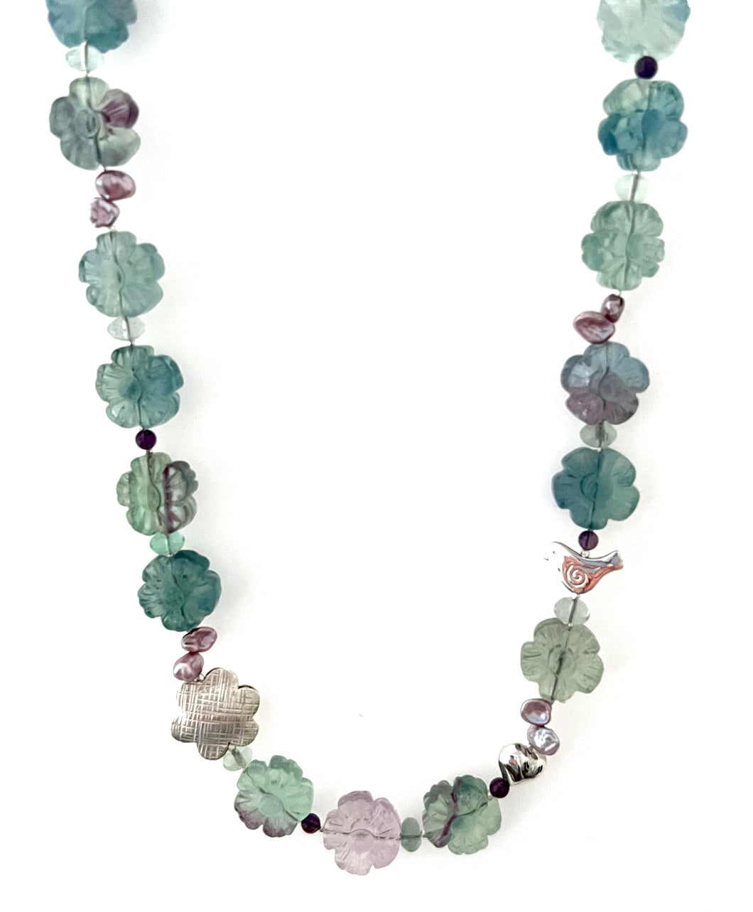 Australian Handmade Green Necklace with Fluorite Pearls Amethyst and Sterling Silver