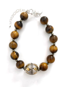 Brown Bracelet with Tigers Eye Pyrite and Afghani Brass and Sterling Silver Bead