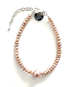 Pink Natural Colour Button Pearl Bracelet with Round Pearl Centrepiece