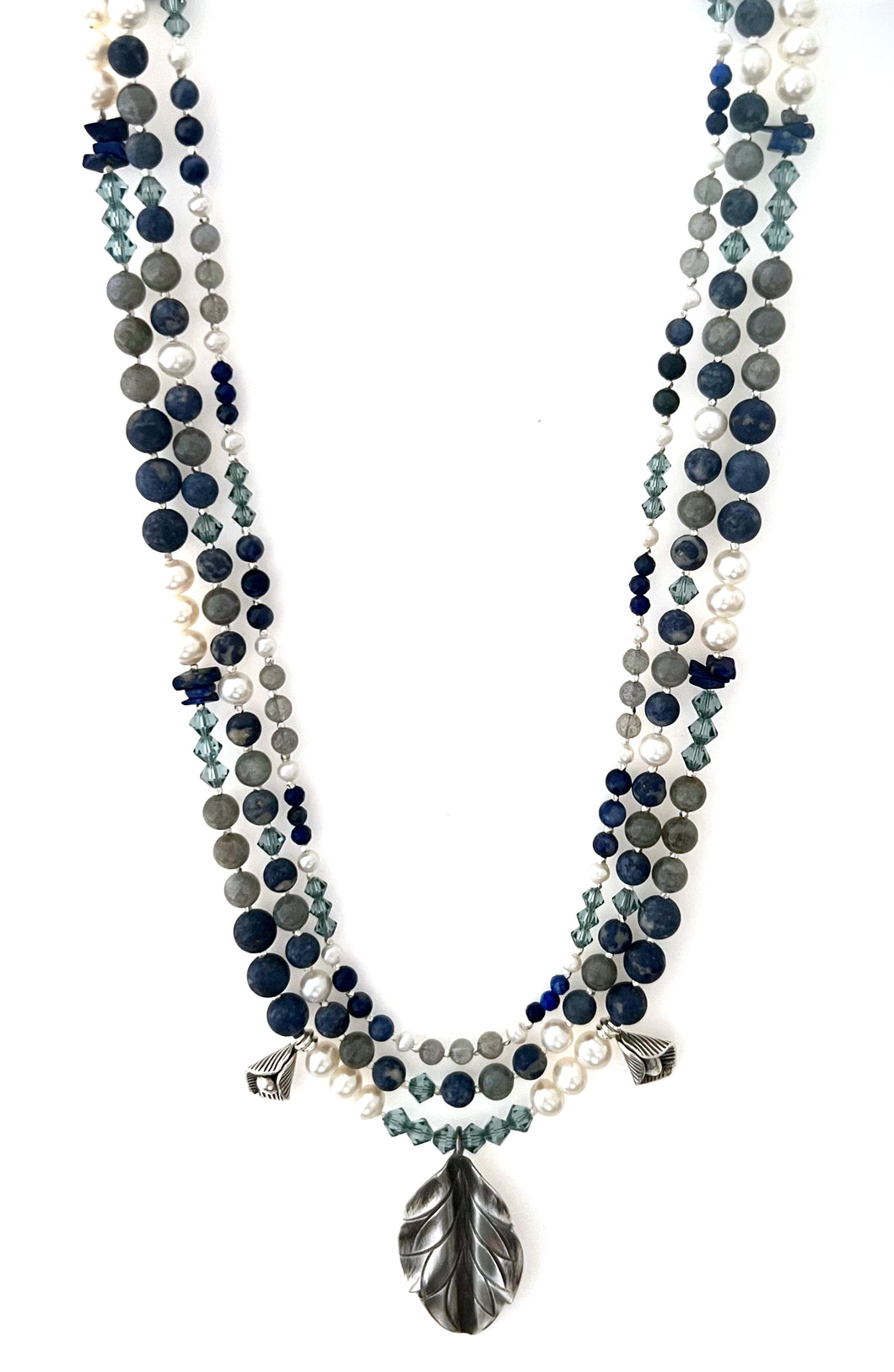 Australian Handmade Triple Strand Necklace with Dumortierite Lapis Lazuli Labradorite Swarovski Crystals Pearls and Sterling Silver