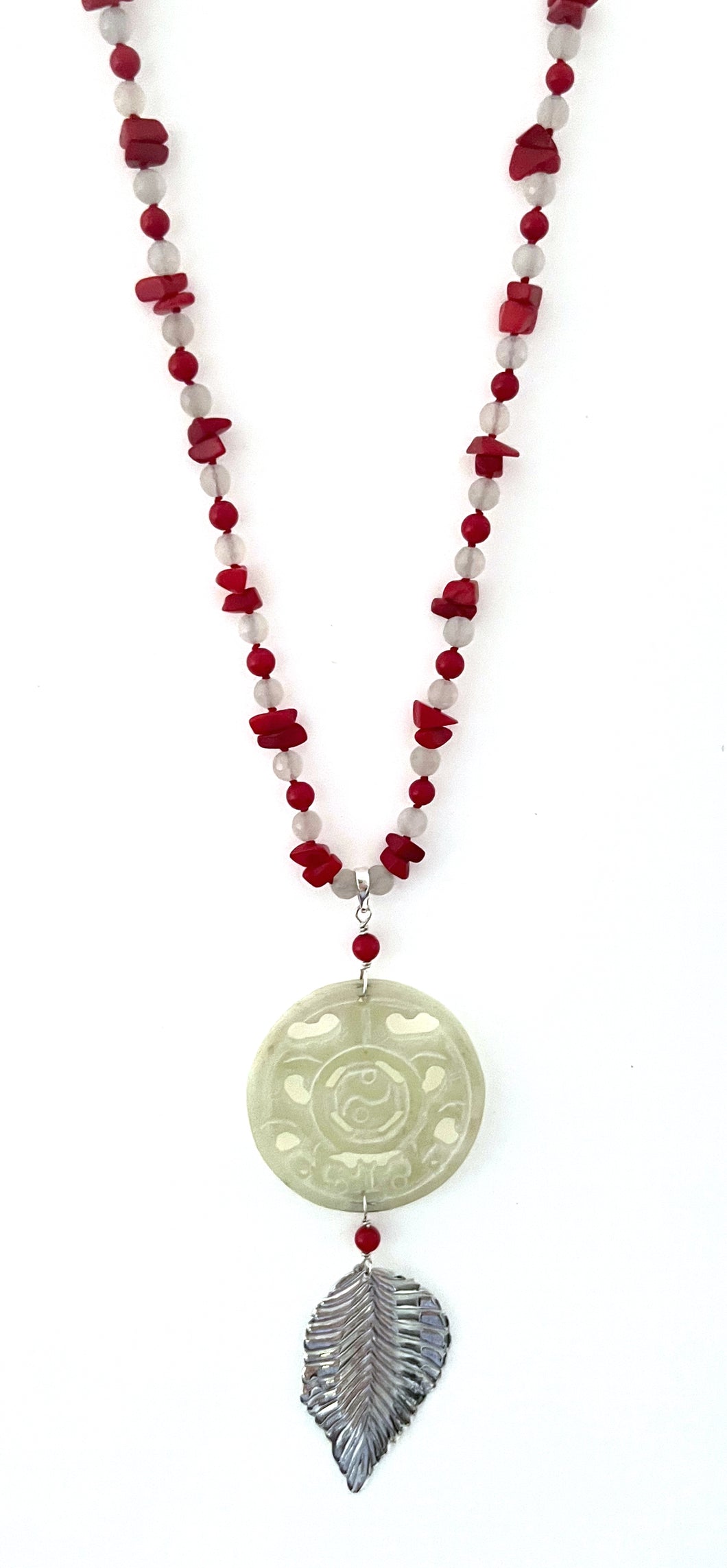 Australian Handmade Red Necklace with Coral Moonstone Jade and Sterling Silver