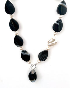 Australian Handmade Black Necklace with Striped Black Agate Pearls Baroque Pearl and Sterling Silver