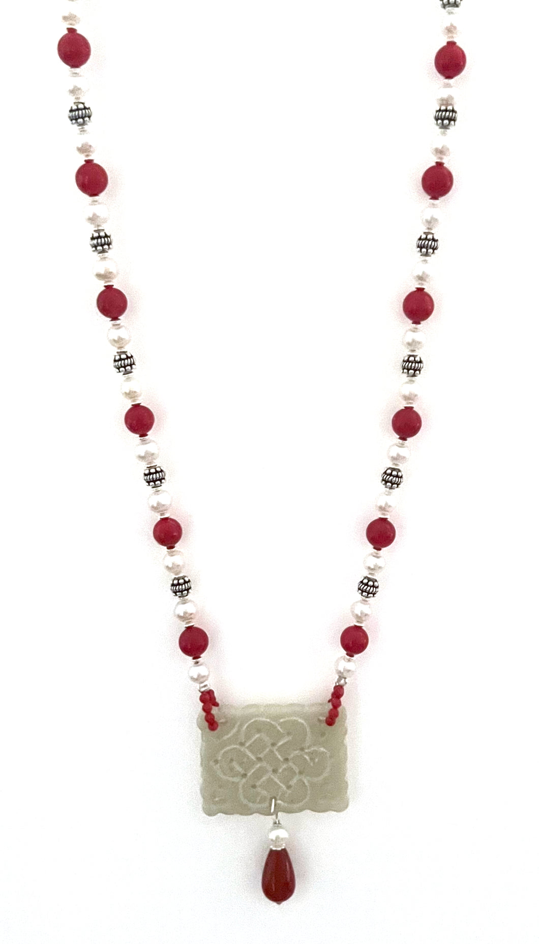 Australian Handmade Red Necklace with Coral Pearls Jade and Sterling Silver