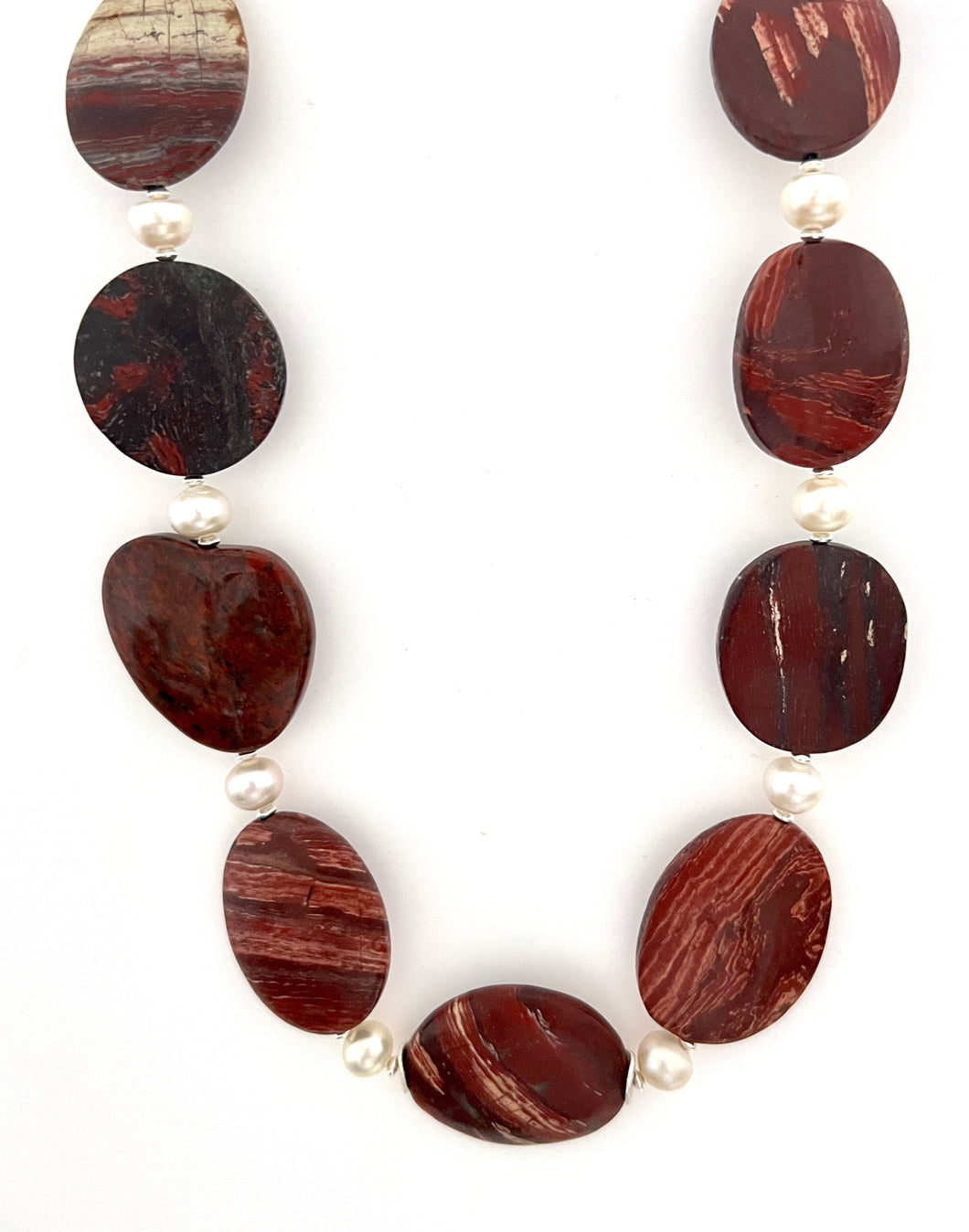 Australian Handmade Red Necklace with Matt Snakeskin Jasper Northern Cape Jasper Pearls and Sterling Silver