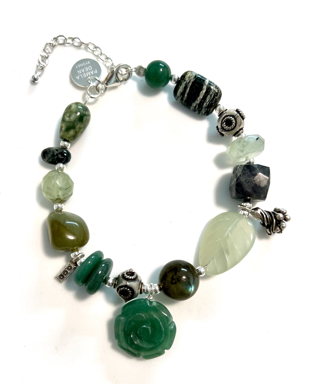 Green Bracelet with Jasper Rhyolite Labradorite Jade and Sterling Silver