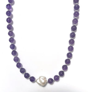 Australian Handmade Purple Necklace with Dark Amethyst and Baroque Pearl Centrepiece